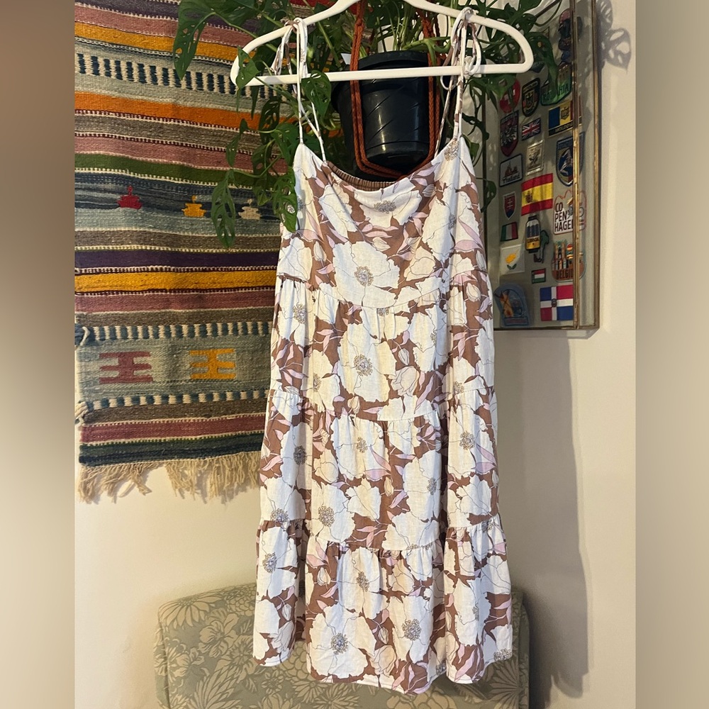 Linen Blend Tie Strap Floral Sun Dress